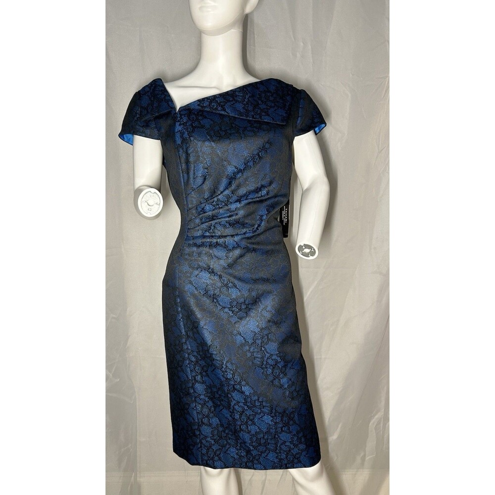 Tahari Women’s Sheath Dress Size 14 Asymmetrical Floral Blue Black Pleating Lace